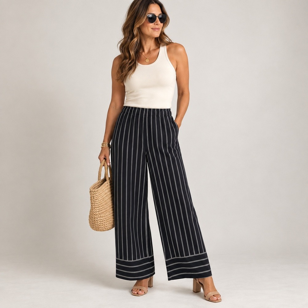 LOFT Wide Leg Pants Black White Pinstripe Office Wear Trousers Sz M